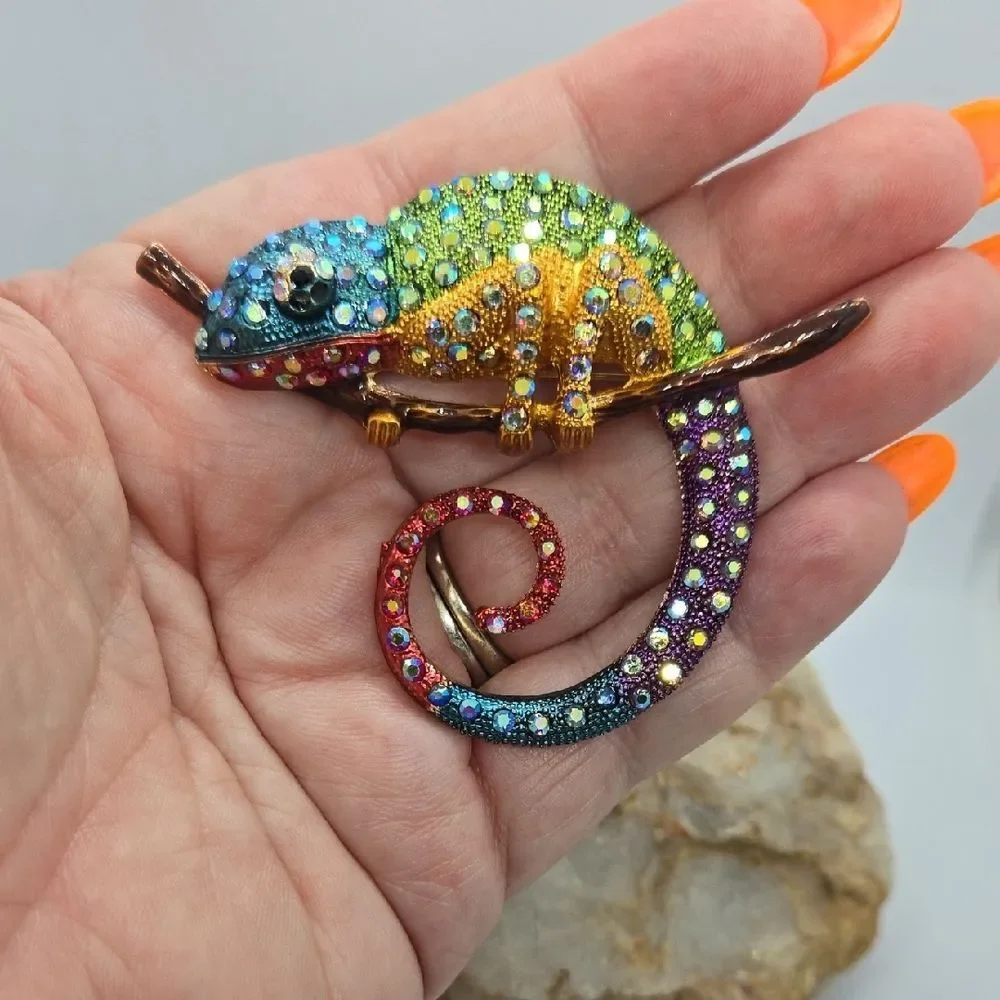 Colorful Chameleon Rhinestone Brooch Large Crystal Lizard Pin Statement Jewelry